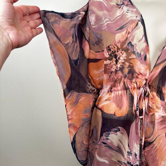 Bob Mackie Wearable Art Tie Front Kimono Semi Sheer Floral Purple Orange Large - Picture 4 of 10